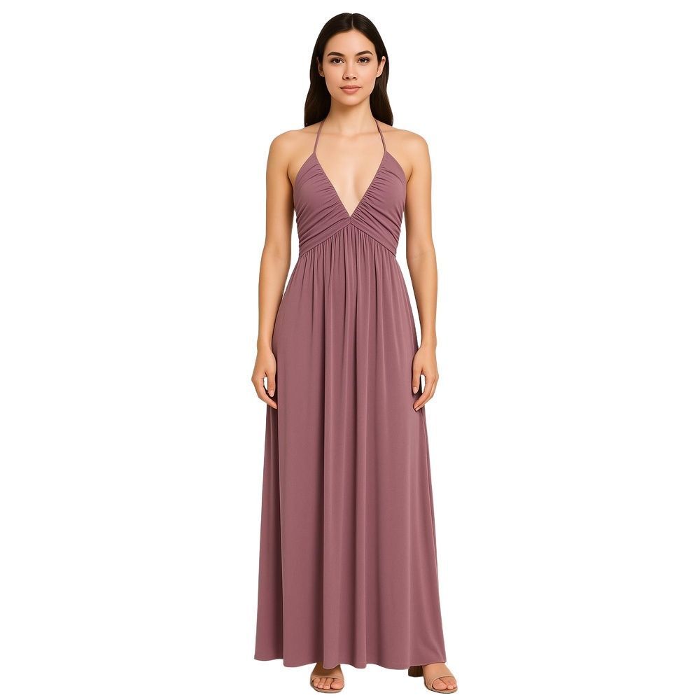 Tahari Arthur S Levine Rose Elegant Halter V-Neck Maxi Dress Ruched Womens 6